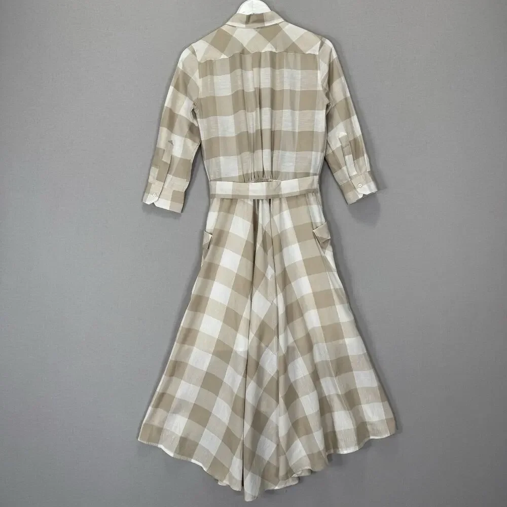 Sara Roka Drake Belted Dress‎ Womens 40 Beige Linen Gingham Shirt Midi Cottage